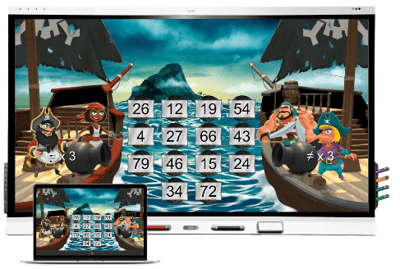 Interactive SMART Board displaying a pirate-themed math game to enhance student engagement.