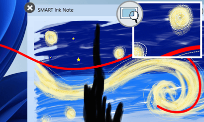 Digital display of a famous starry painting with educational annotations using SMART Ink technology.