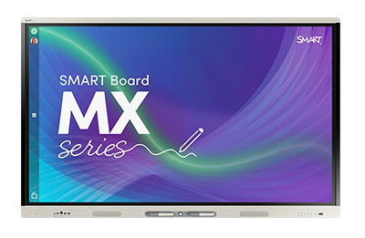 SMART Board MX Series interactive display with a purple and green gradient wave design.