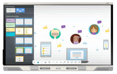 واجهة تعليمية تحث على المشاركة تظهر على شاشة من سلسلة SMART Board RX وتعرض أيقونات ورسومات للتعلم التفاعلي.
