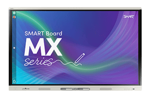 SMART Board MX series interactive display with vibrant purple and blue waves on the screen, indicating dynamic and engaging educational technology.