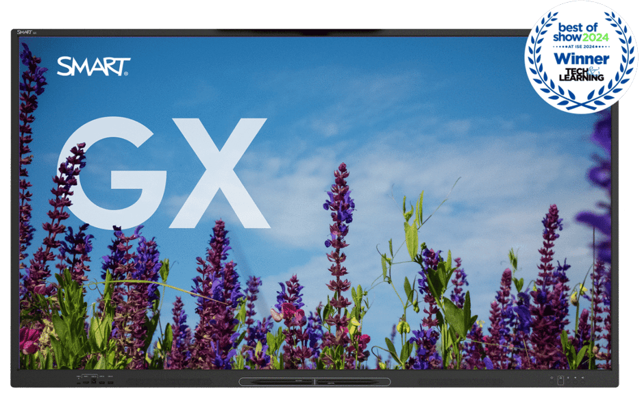 The GX series interactive display by SMART, featuring a crisp image of blooming purple lupine flowers against a blue sky, complemented by the accolade of 'Best of Show 2024' from Tech & Learning at the ISE event.