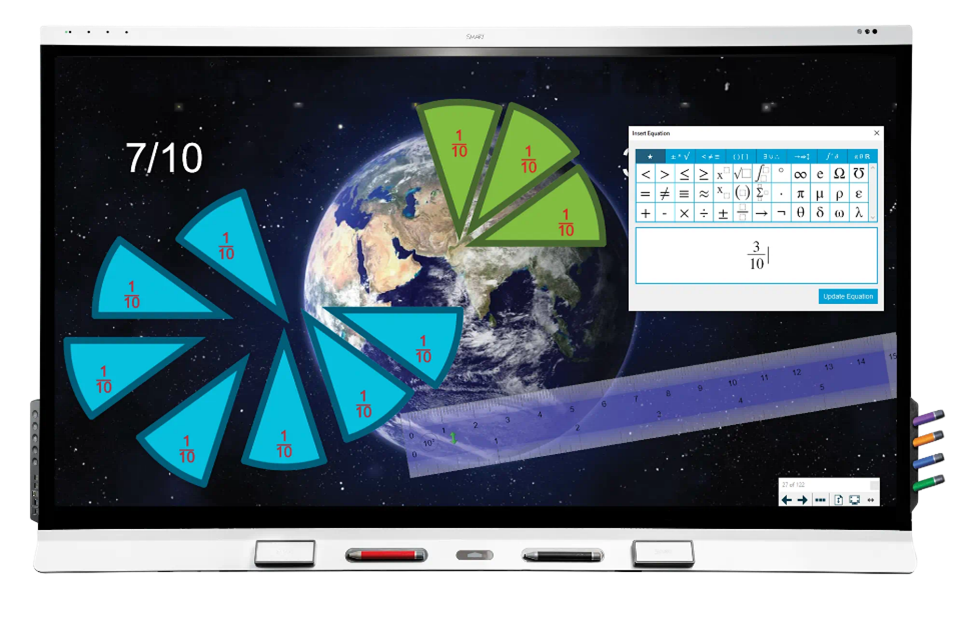 SMART Notebook educational tool displayed on a SMART Board featuring a space scene and math fractions exercise, free to download.