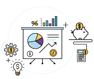 Infographic icons representing budgeting and financial efficiency, including a pie chart and currency symbols.