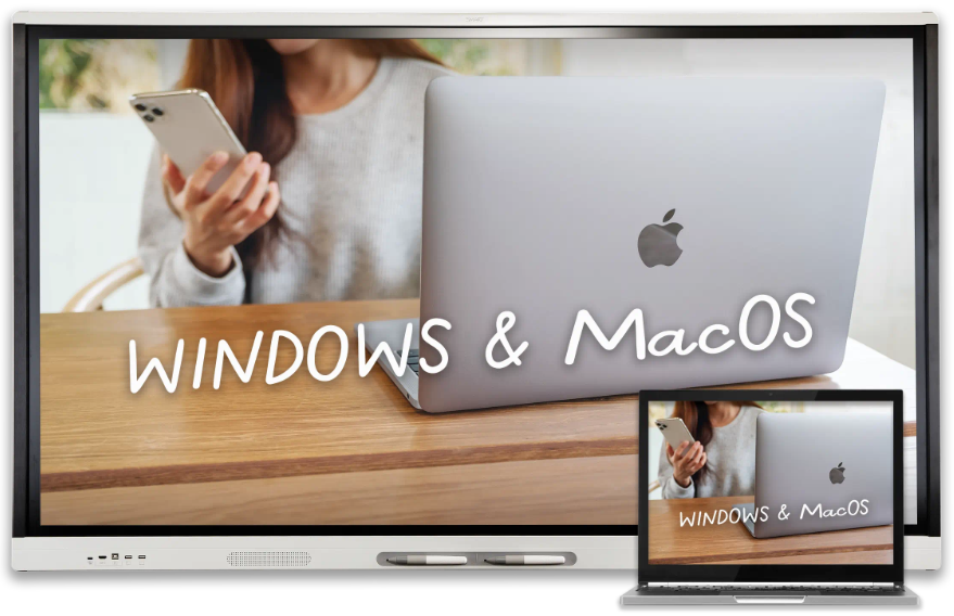 SMART interactive display showing compatibility with Windows and MacOS as a woman uses a smartphone and laptop.
